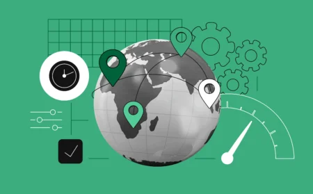 A globe with IP nodes and internet speed symbols