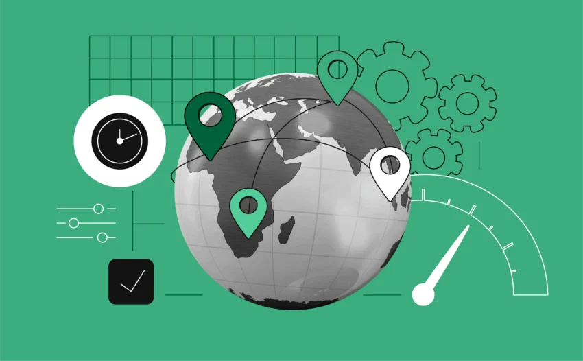 A globe with IP nodes and internet speed symbols