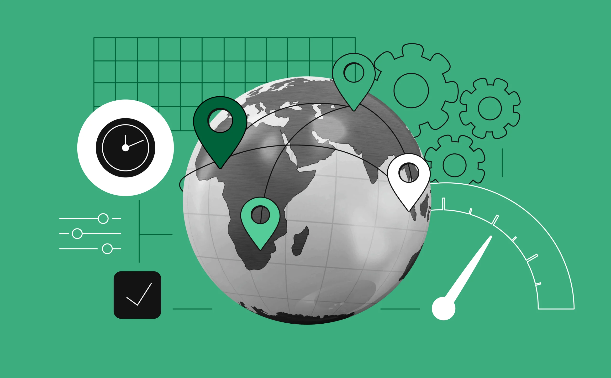 A globe with IP nodes and internet speed symbols