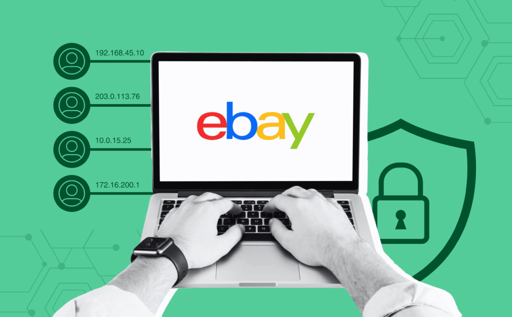 A modern illustration of a computer screen with the eBay logo, showing multiple accounts with unique IP icons and colored proxies. A shield or lock symbol in the background represents account protection and security.