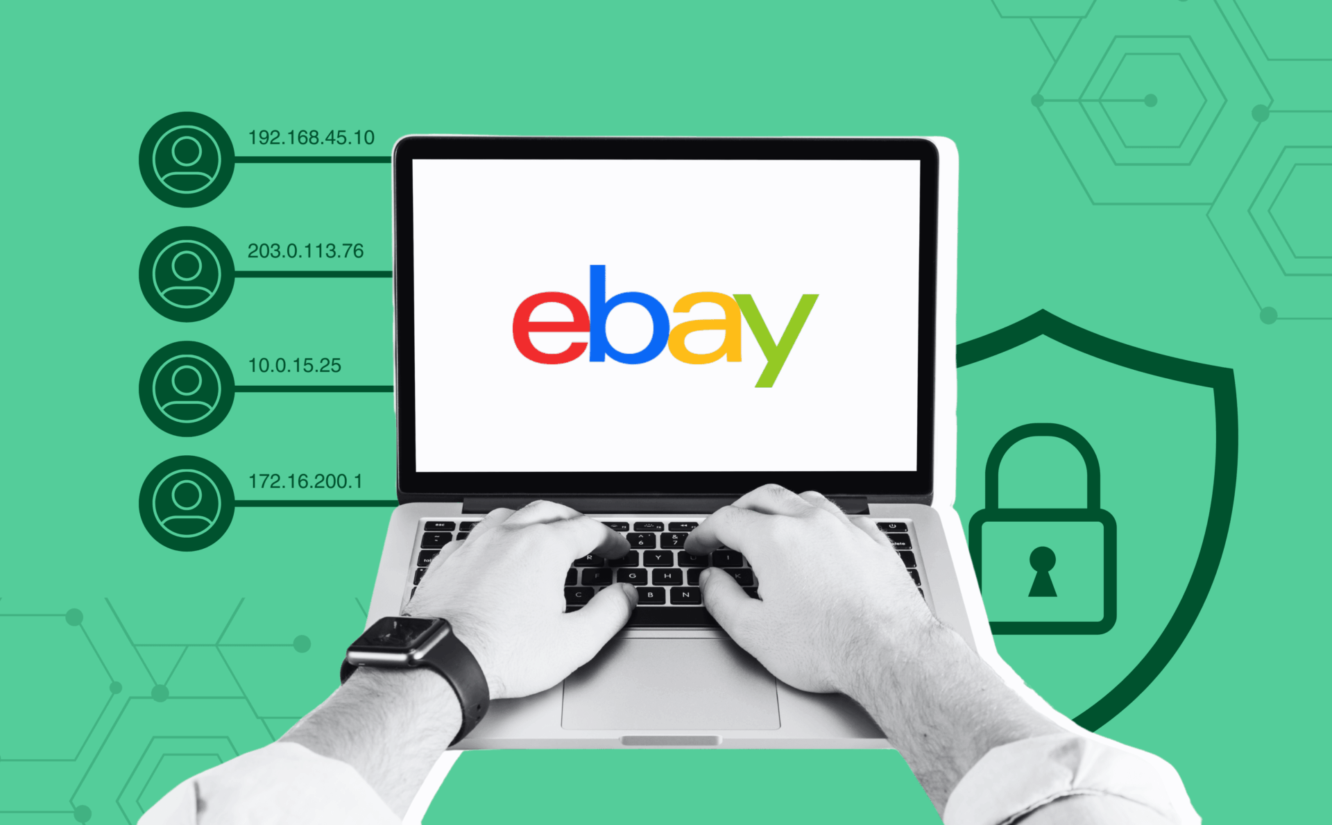 A modern illustration of a computer screen with the eBay logo, showing multiple accounts with unique IP icons and colored proxies. A shield or lock symbol in the background represents account protection and security.