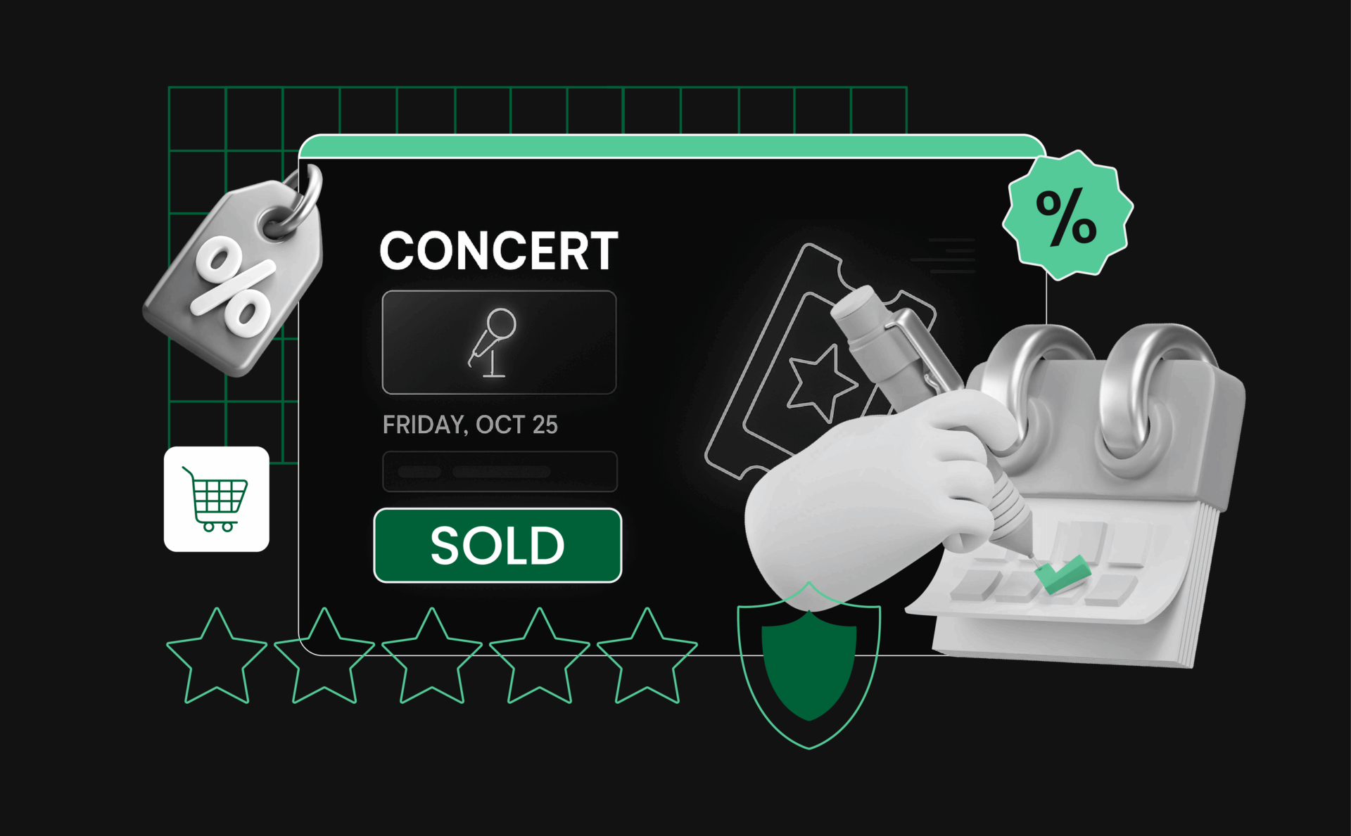 A laptop screen showing digital concert tickets and a calendar with marked event dates. Around it, floating icons like a price tag, a shield, and a “SOLD” sticker to represent reselling and legal basics.