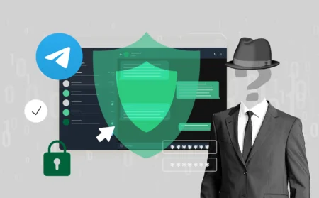 A modern illustration of a Telegram chat with a digital shield or lock symbol over it, representing privacy and security. The background could include abstract tech elements like encryption icons or masked profiles to emphasize anonymity.