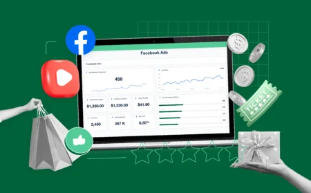 a laptop screen displaying Facebook’s monetization dashboard, surrounded by various floating elements symbolizing different ways to make money: video play buttons (for ads), dollar coins (for affiliate income), gift boxes (for subscriptions), stars (Facebook Stars), shopping bags (Marketplace sales), and tickets (paid online events)