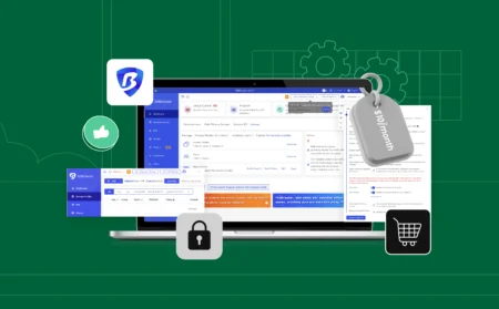 A computer screen displaying BitBrowser’s complex, cluttered interface, with numerous settings and buttons visible. A "$10/month" price tag is prominently shown on the screen to emphasize its affordability. The background features a simple, minimalist desk, highlighting the contrast between the tool's low cost and overwhelming design.