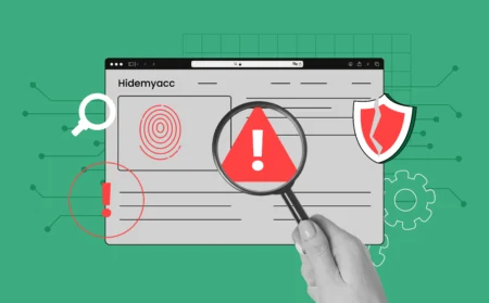 A close-up of a laptop screen showing a sleek Hidemyacc browser interface with a magnifying glass hovering over it, revealing red warning icons like exclamation marks, broken shield symbols, and fingerprint patterns. In the background, the browser window is filled with technical-looking panels, suggesting complexity.