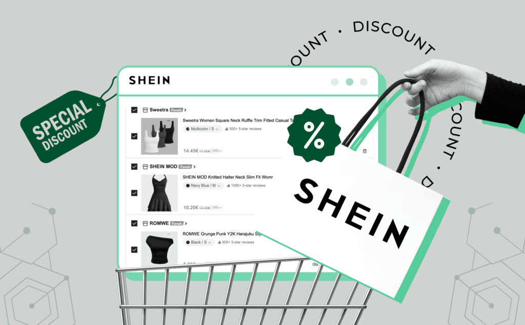 The image should show a digital shopping cart filled with Shein items with floating icons for discounts, coupon codes, and referral links around it. Use a tech-style background with subtle grids or code-like patterns to give it a modern, digital feel, and Shein logo.