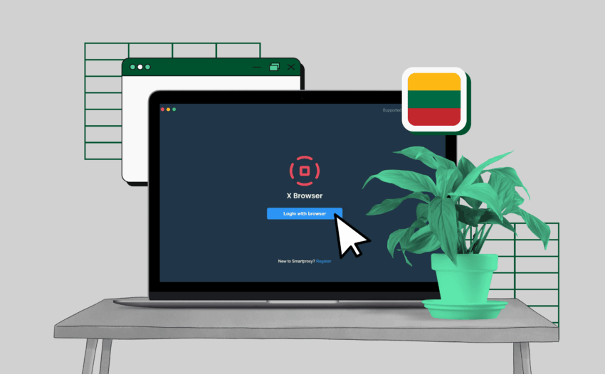 A modern workspace with a laptop displaying the X Browser interface and multiple profiles. The Lithuanian flag is subtly included in the background, representing the browser's origin, while the X Browser logo is prominently shown on the screen.