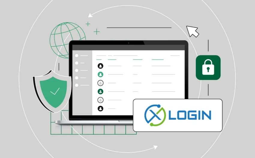 A laptop screen showing a dashboard with multiple browser profiles. A faint security shield icon in the background hints at protection. The Xlogin logo is placed in the bottom-right corner.