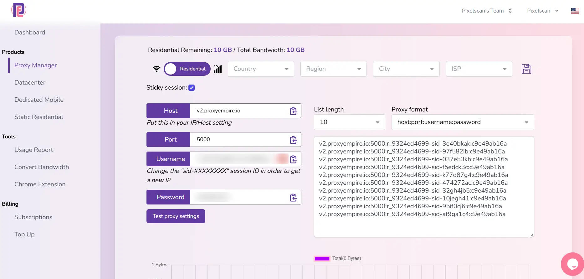 ProxyEmpire dashboard showing residential proxy settings