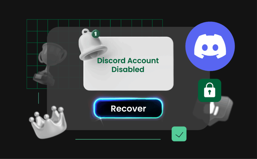 A computer screen showing a big “Discord Account Disabled” message, with a glowing “Recover” or “Appeal” button below. Dark background, Discord-style colors and logo.