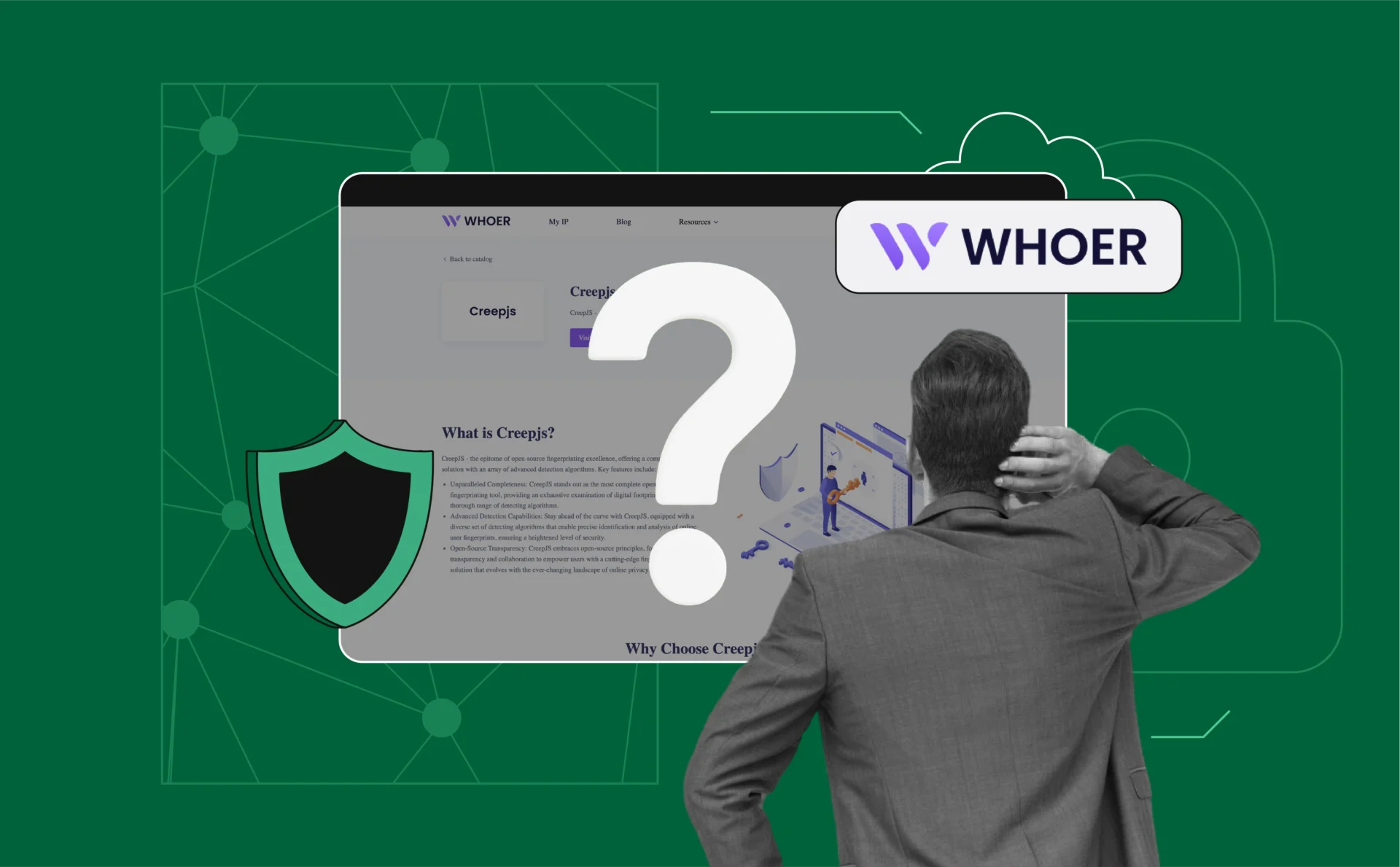 A laptop screen showing the Whoer VPN homepage, with a big question mark overlay or a “thumbs up vs thumbs down” icon split on either side — symbolizing the “Is It Worth It?” question. The background could have subtle network or shield graphics to signal VPN/security visually.