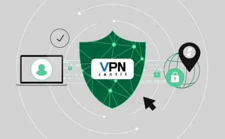 VPN Jantit illustration showcasing secure browsing, global connection, and privacy protection with visual elements like shield, globe, and encrypted locks.