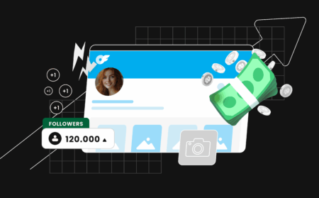 An illustration showing a laptop with OnlyFans on the screen, surrounded by money, subscriber count, and camera icons, using soft blue or purple tones for a clean, creative vibe.