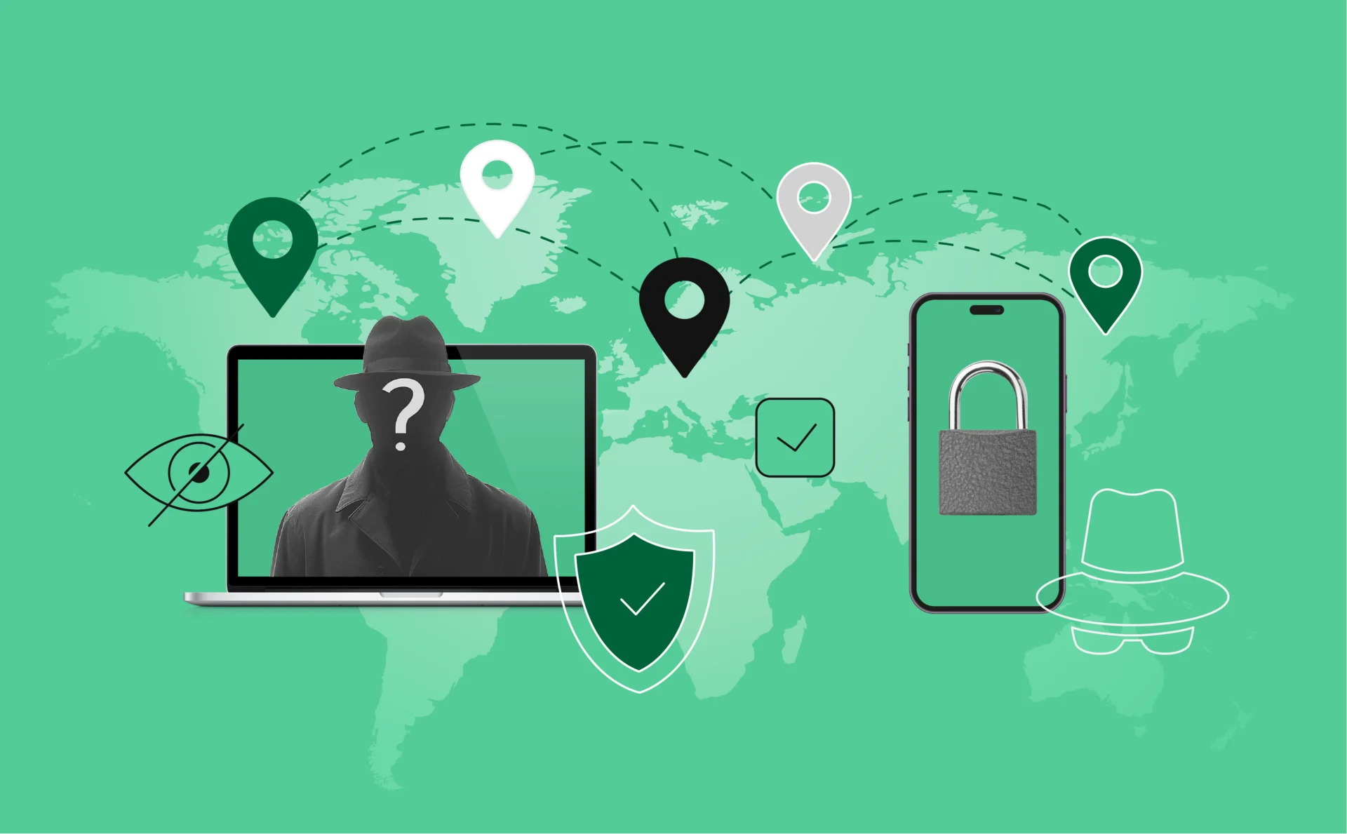 A simple, clean graphic showing a laptop and a smartphone side by side, with map pins or location icons hovering above them, and a dotted line pointing between different global locations — symbolizing changing or faking location across devices.