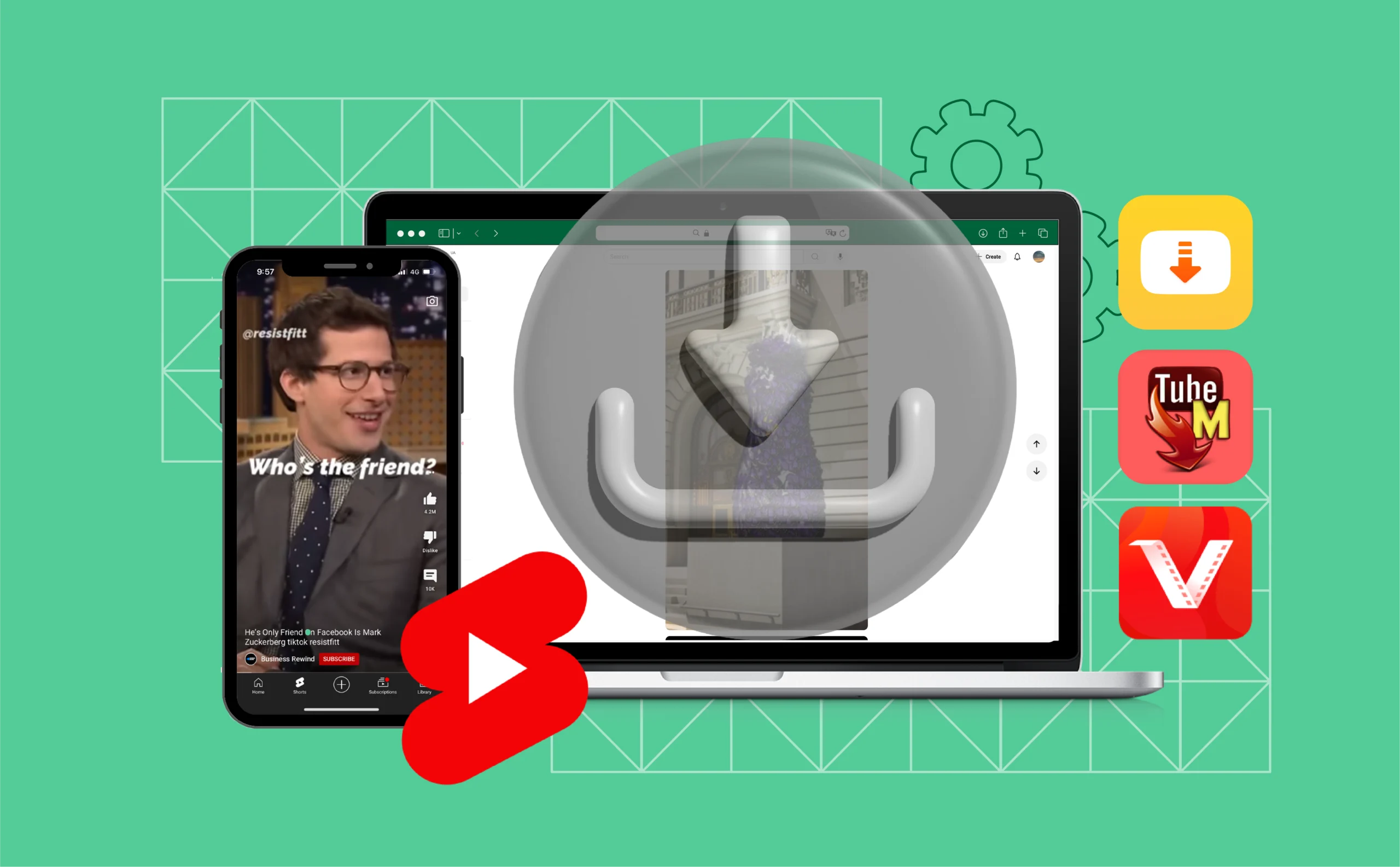 A phone and laptop showing YouTube Shorts, with a bold download icon overlaid, plus small app icons (TubeMate, Snaptube, VidMate) around the edges.