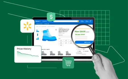 A clean graphic showing a Walmart product page on a computer screen with dynamic price tags, price history charts, and alert icons (bells or email notifications). In the background, a subtle overlay of data flow (lines, code snippets, or graphs) suggests automation and web scraping.