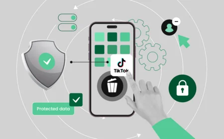 A smartphone screen showing the TikTok app icon being dragged toward a trash or delete icon, overlaid with subtle visual elements like a shield or lock to represent “safety” and “data protection.”