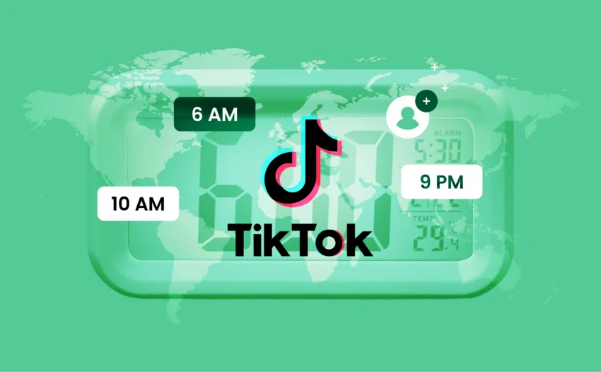 A digital clock overlaid with the TikTok logo and key posting times, set against a global map background—illustrating the best times to post on TikTok in 2025 for maximum reach and engagement.