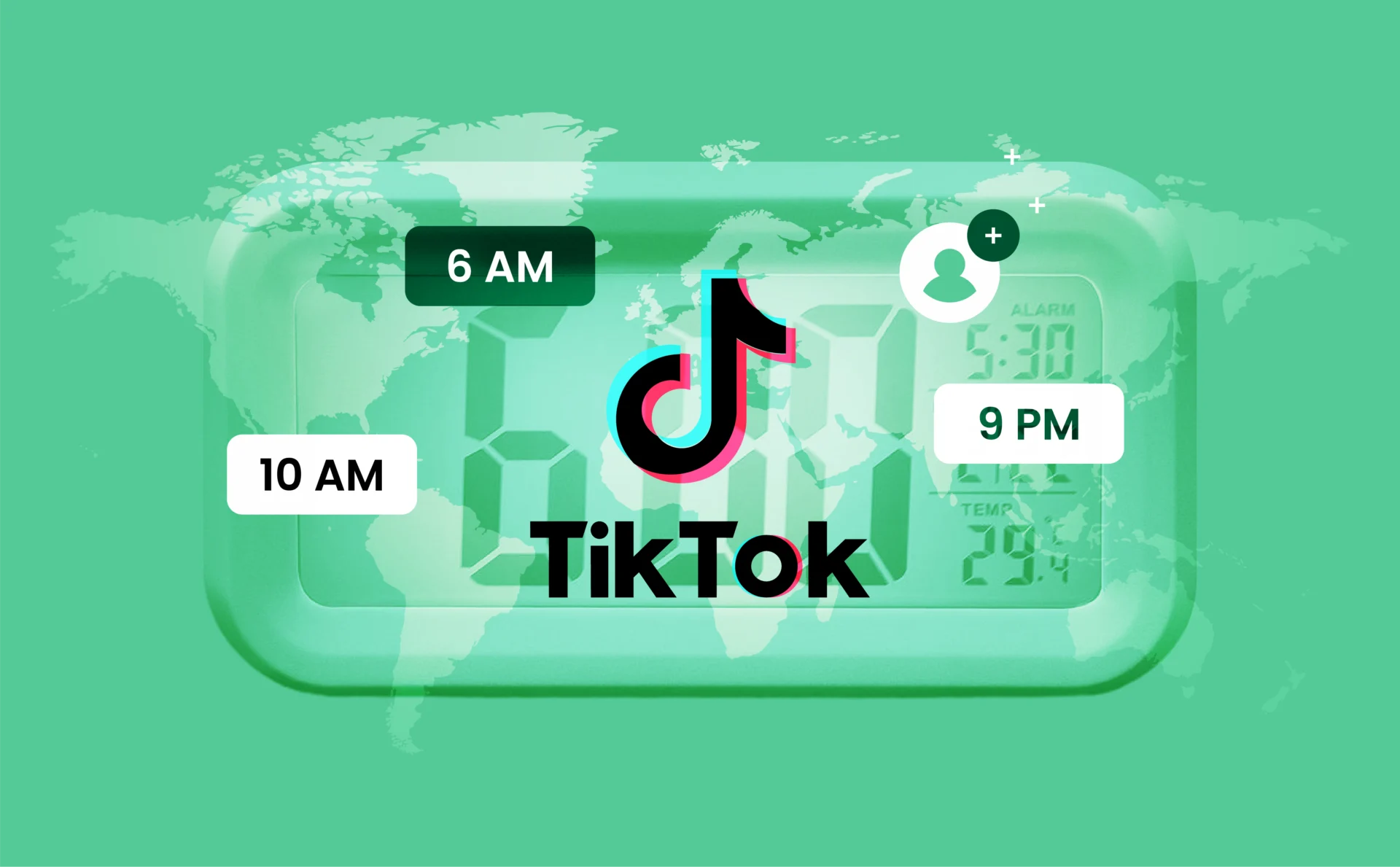 A digital clock overlaid with the TikTok logo and key posting times, set against a global map background—illustrating the best times to post on TikTok in 2025 for maximum reach and engagement.
