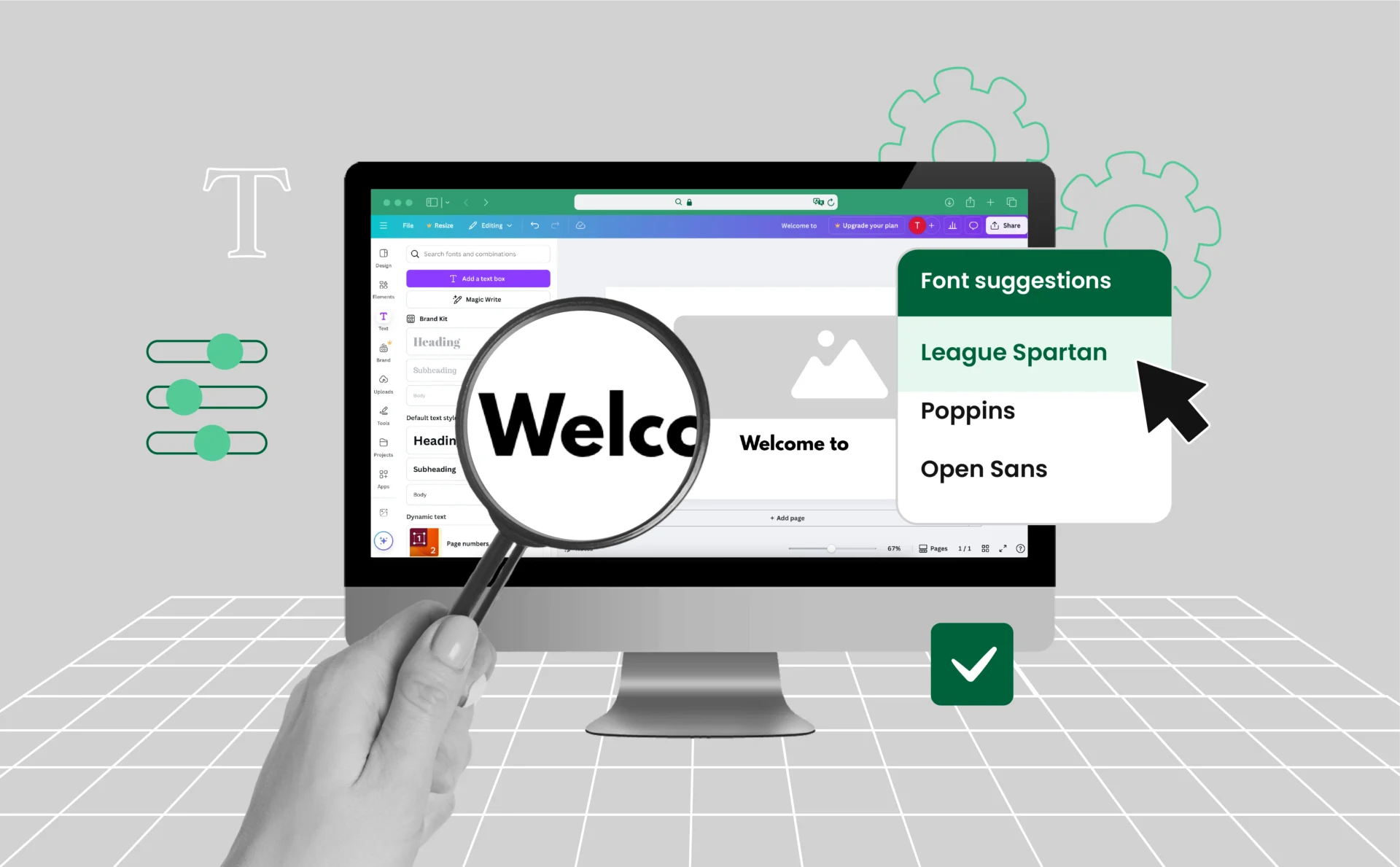 A computer screen showing Canva with an image uploaded and text being matched. Nearby, there’s a pop-up showing font suggestions. A magnifying glass icon highlights a letter, symbolizing font detection.