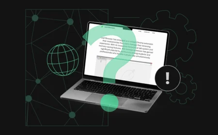 A laptop screen displaying the Leaf Browser interface with overlay icons representing global connections, security alerts, and browser tabs, symbolizing web privacy and multi-tab browsing.