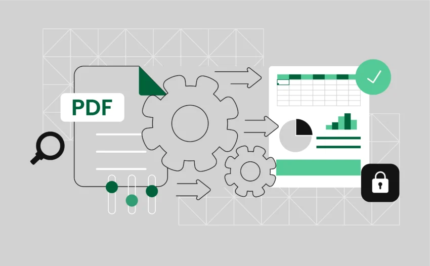 An illustration of a PDF file turning into a spreadsheet or rows of data, connected by arrows or automation icons. It shows how unstructured documents become organized, usable data—quickly and easily.