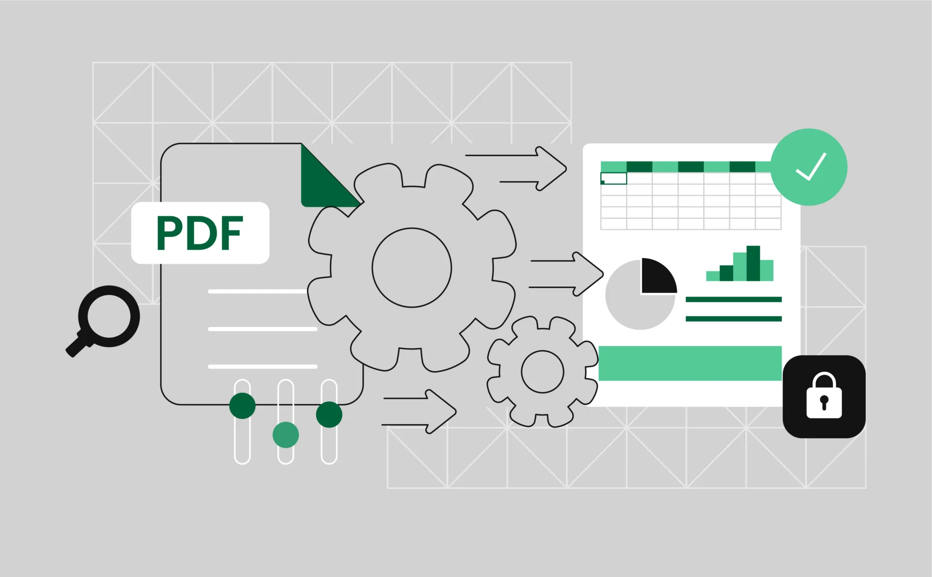 An illustration of a PDF file turning into a spreadsheet or rows of data, connected by arrows or automation icons. It shows how unstructured documents become organized, usable data—quickly and easily.