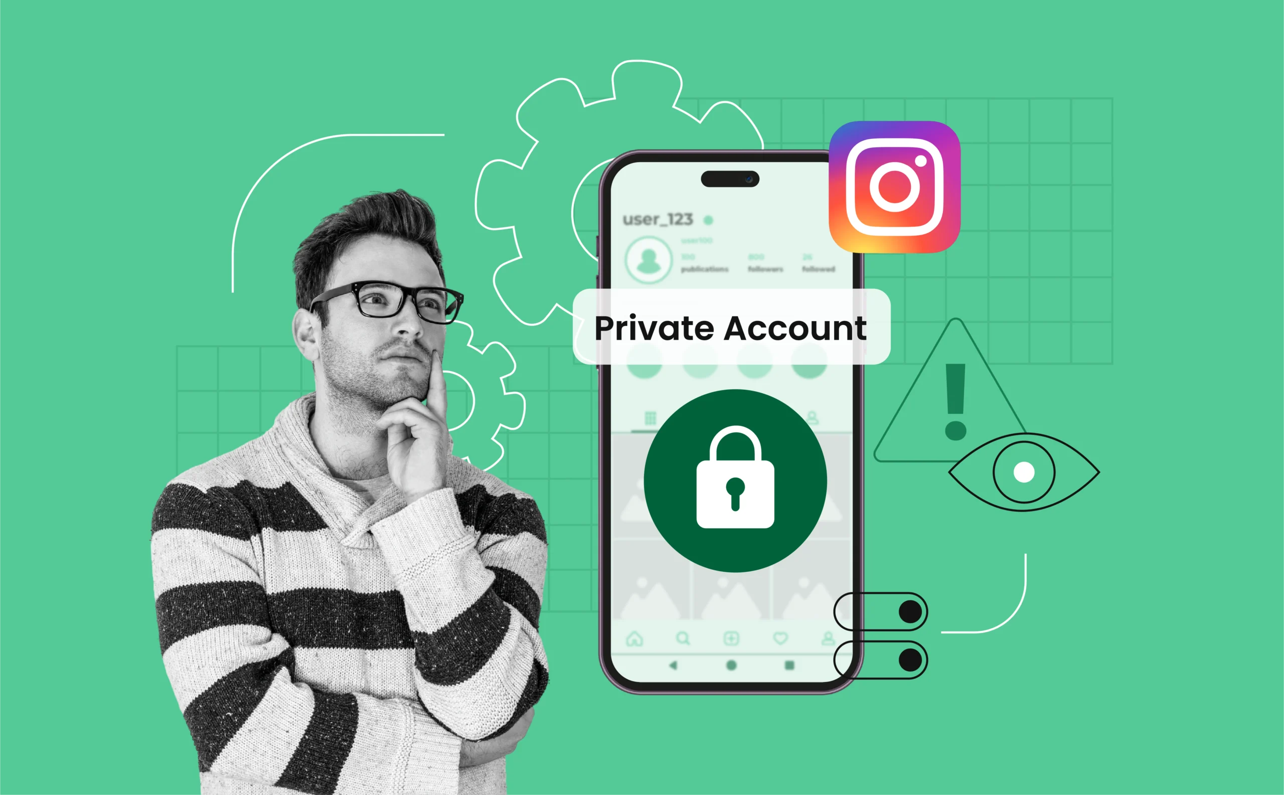 A stylized smartphone screen showing a blurred-out view private Instagram profile with a "Private Account" lock icon overlay. In the foreground, a thoughtful user is looking at the screen, highlighting the curiosity and uncertainty about what’s behind the privacy wall.