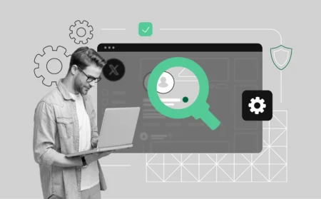 A person looks at a dimmed Twitter/X screen where tweets appear faded or hidden. A magnifying glass hovers over a blurred tweet, symbolizing investigation. A muted or lock icon suggests twitter shadowban.