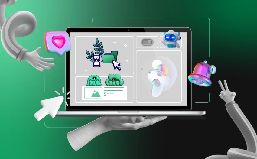 Collage of quirky and creative website visuals on a stylized laptop screen with playful digital icons and a techy gradient background, representing fun and unique websites to explore in 2025.