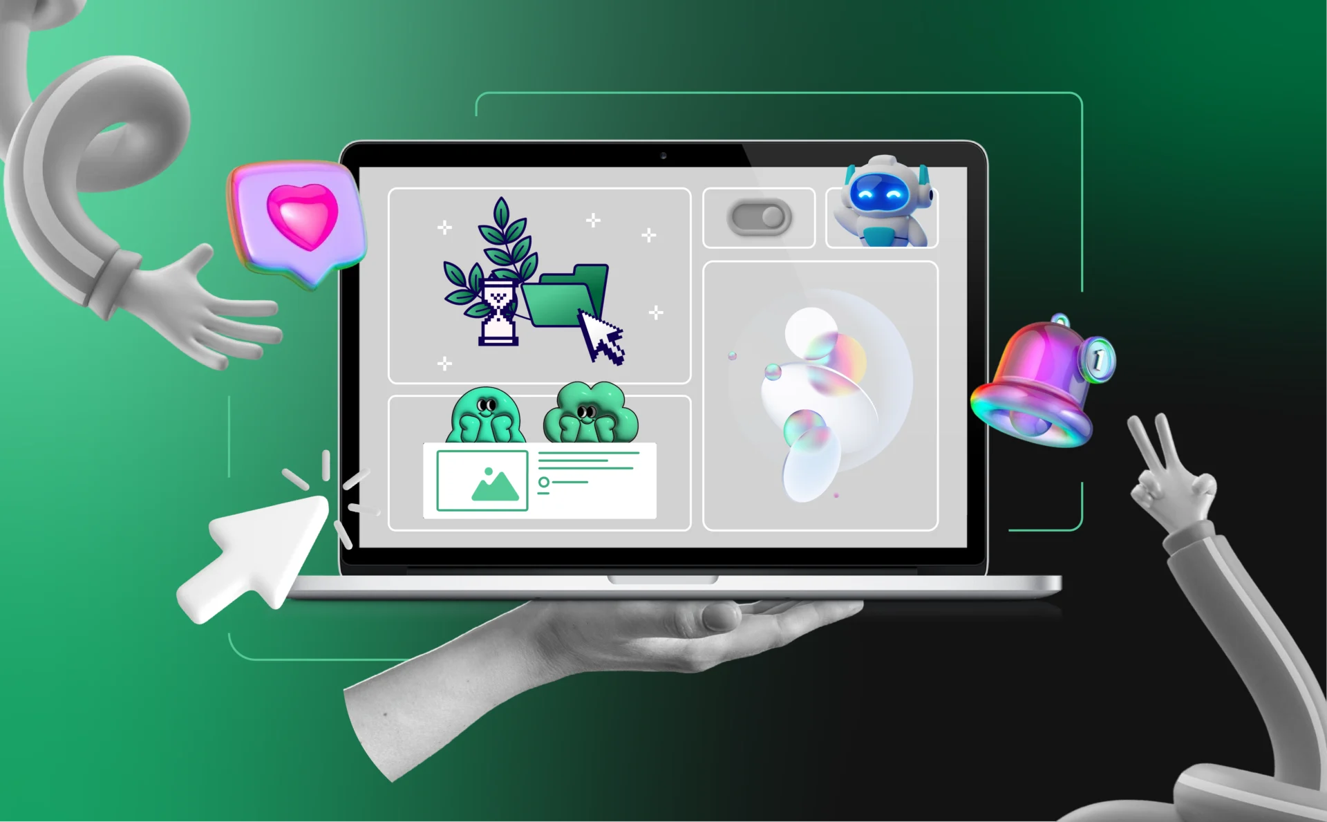 Collage of quirky and creative website visuals on a stylized laptop screen with playful digital icons and a techy gradient background, representing fun and unique websites to explore in 2025.