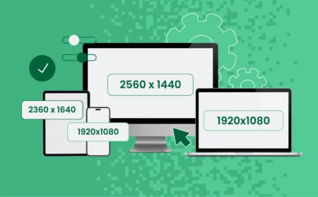 A clean, modern digital illustration showing a desktop monitor, a laptop, a tablet, and a smartphone — all side-by-side. Each screen has a visible overlay displaying its resolution (e.g., 1920x1080, 1366x768, etc.), styled like floating UI elements. In the background, a subtle grid or pixel pattern suggests precision and measurement.
