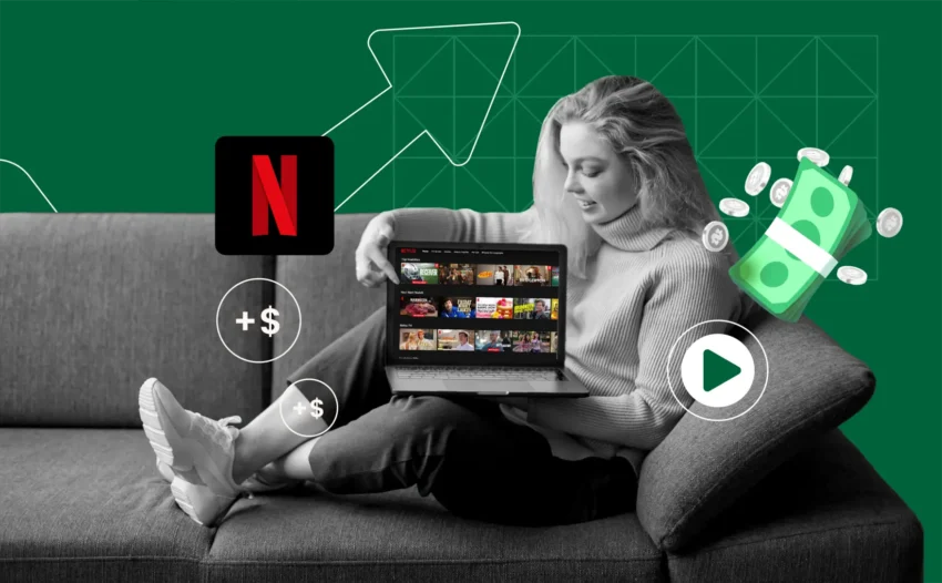 Get paid to watch Netflix — woman streaming on laptop with money icons around her on a couch