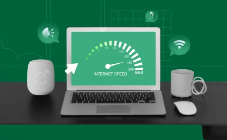 A modern, tech-savvy home setup with a laptop or smartphone screen displaying a real-time internet speed test (e.g., a speedometer gauge with download/upload metrics). The background includes subtle visual cues like a Wi-Fi router, streaming devices, or connected smart home gadgets to emphasize practical, everyday use.