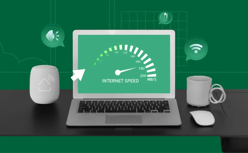A modern, tech-savvy home setup with a laptop or smartphone screen displaying a real-time internet speed test (e.g., a speedometer gauge with download/upload metrics). The background includes subtle visual cues like a Wi-Fi router, streaming devices, or connected smart home gadgets to emphasize practical, everyday use.