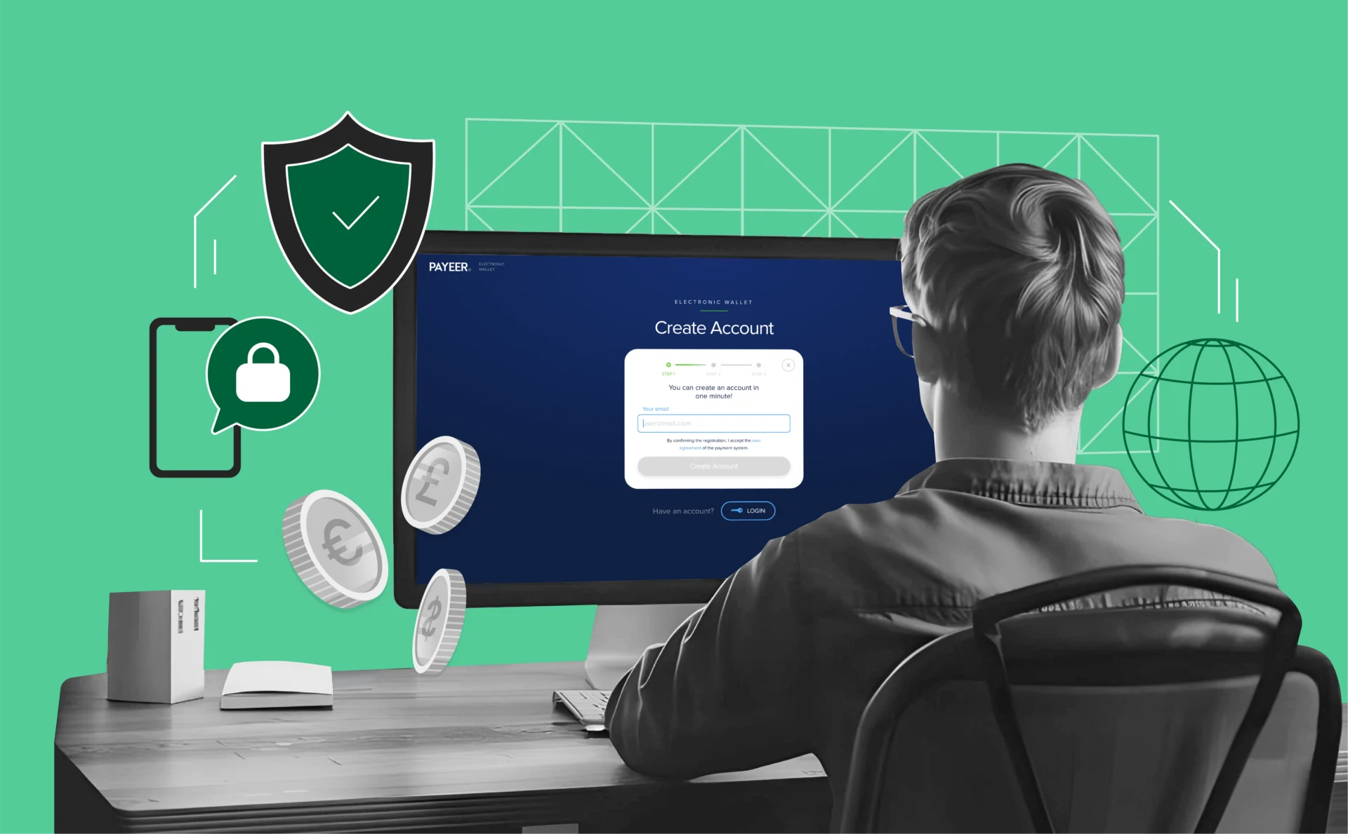 A digital illustration showing a user sitting at a desk with a laptop open on the Payeer signup page. Floating UI elements around them show key icons: a lock (security), ID card (verification), currency symbols (USD, BTC, EUR), and mobile phone with a 2FA code.