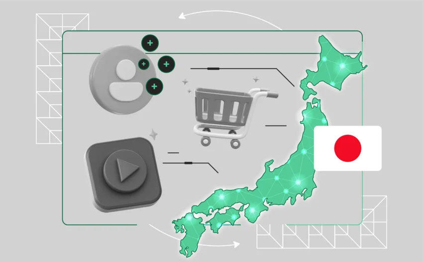 A glowing map of Japan with digital connection lines reaching out to global icons like shopping carts and video play buttons. A lock symbol fades away near Japan, showing geo-blocks being bypassed with a proxy.