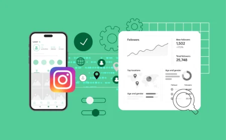 IG follower export tool: An illustration depicting Instagram data analysis with follower growth charts, demographics, and a magnifying glass over user profiles.
