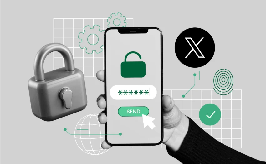 A smartphone screen displaying a 2FA code from an authenticator app, with the Twitter/X logo visible in the background. The phone is held by a hand, with a digital lock icon hovering near the screen to symbolize security code generator app for twitter.