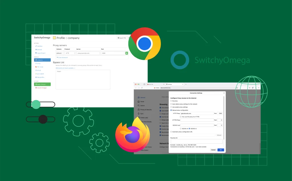 A clean split-screen showing Chrome and Firefox with proxy switch menus open. Each shows different profiles (like “Work” or “Social”). A small gear icon suggests easy setup, with subtle network lines and SwitchyOmega logo in the background.