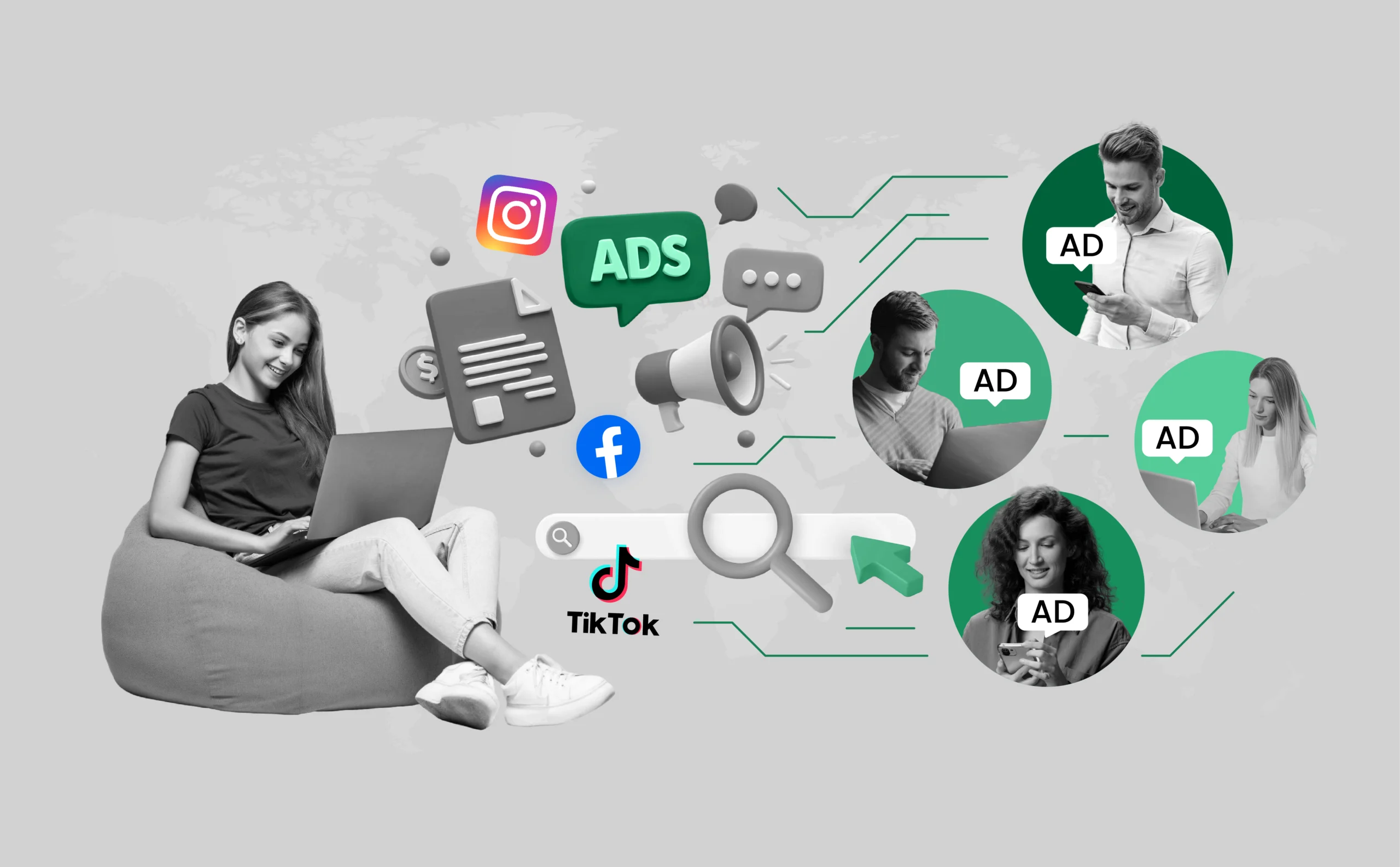 An illustration of a marketer at a computer with floating digital ads—like banners, search ads, and social media icons—reaching people on phones and laptops, with a world map in the background showing global reach and growth.