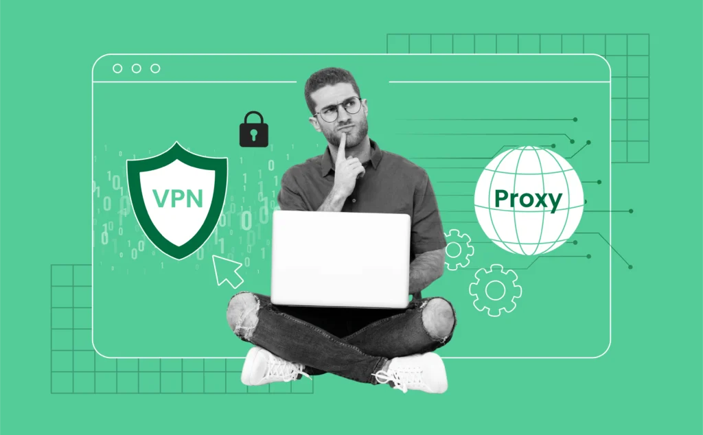 A split image showing a person at a laptop choosing between two icons: a shield (VPN) and a globe (Proxy). The VPN side has lock symbols and encrypted data lines; the Proxy side shows basic web connections. Cool blue tones give a tech-focused, secure feel.