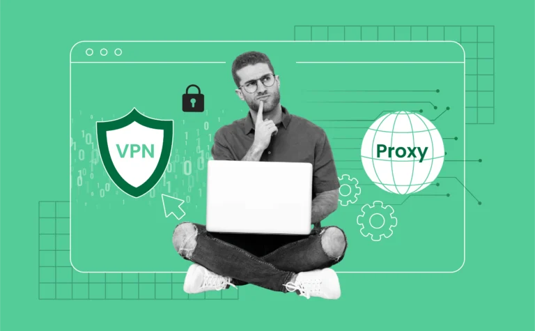 A split image showing a person at a laptop choosing between two icons: a shield (VPN) and a globe (Proxy). The VPN side has lock symbols and encrypted data lines; the Proxy side shows basic web connections. Cool blue tones give a tech-focused, secure feel.