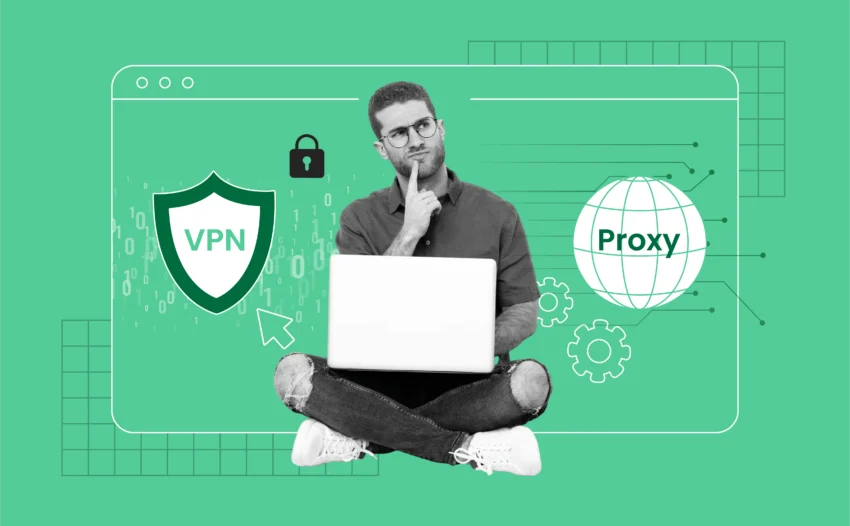 A split image showing a person at a laptop choosing between two icons: a shield (VPN) and a globe (Proxy). The VPN side has lock symbols and encrypted data lines; the Proxy side shows basic web connections. Cool blue tones give a tech-focused, secure feel.