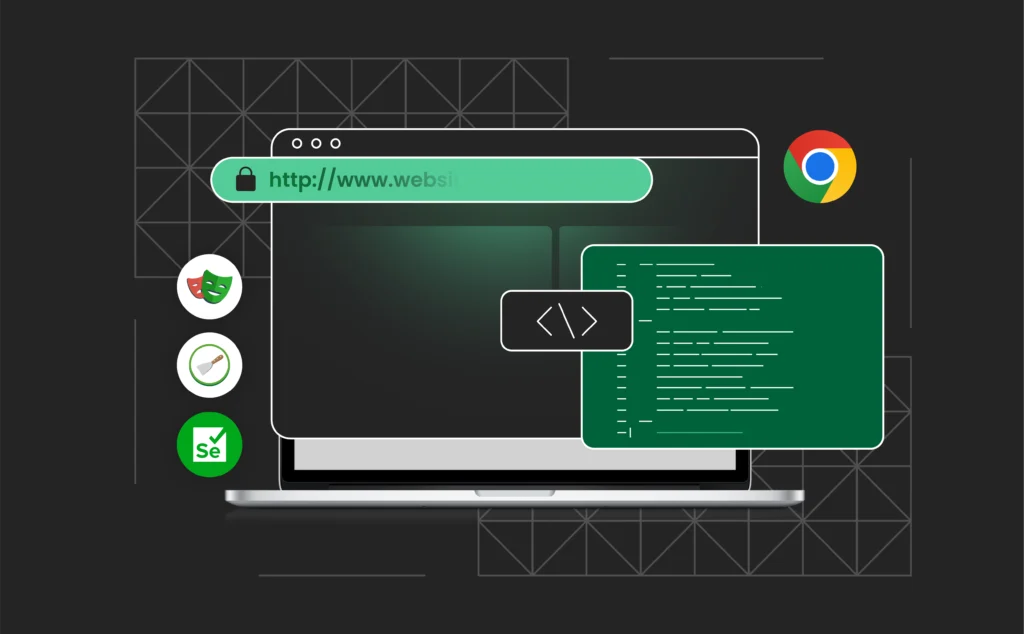 A conceptual graphic showing a headless browser operating behind the scenes—automating tasks, processing code, and extracting data—without a visible user interface.