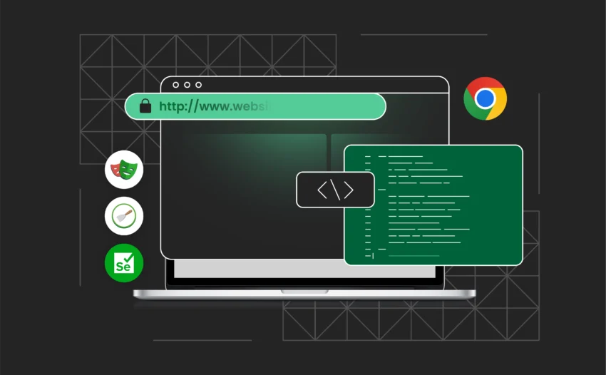 A conceptual graphic showing a headless browser operating behind the scenes—automating tasks, processing code, and extracting data—without a visible user interface.