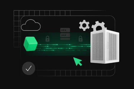 Namso Gen illustration of data generation with a green cube, server rack, and flowing binary code.