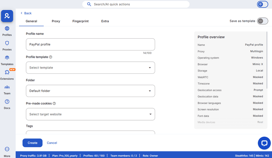 New PayPal profile in Multilogin