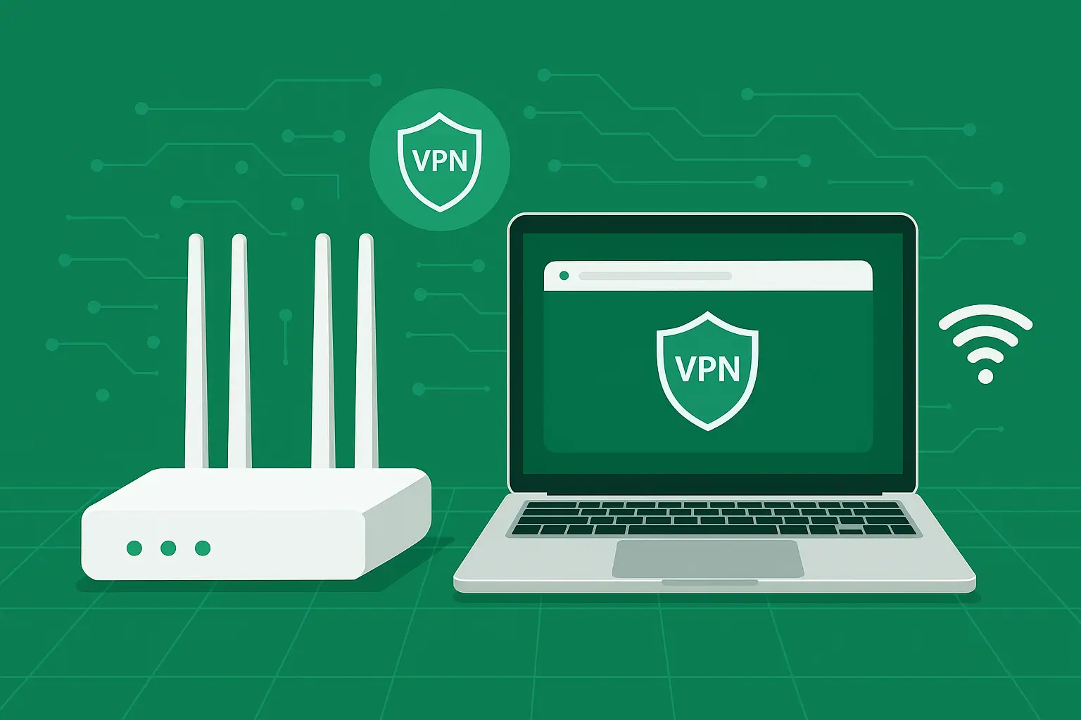 VPN on WiFi setup illustration showing a router and laptop with a VPN shield on a green tech-themed background.